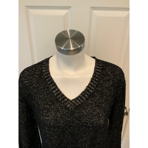 Curio Black & White Speckled Knit V-Neck Sweater, Size Small - Picture 2 of 6